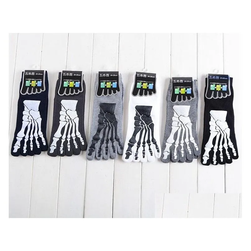 New Whole-5 Colors Punk Rock Men`s 3D Print Terror Skeleton Toe Socks Hip Hop Scary Skull Five Finger Odd Sox Bone Male S254O