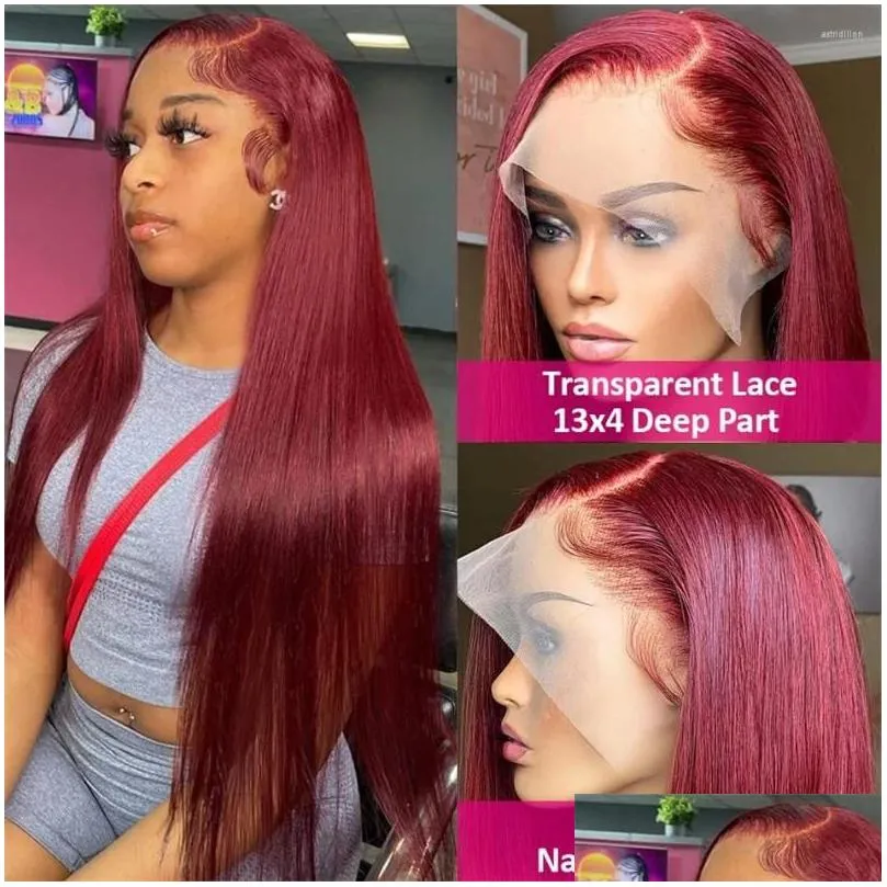 Red Burgundy 99J Transparent 13x6 Lace Front Human Hair Wig Straight 13x4 HD Frontal For Women Colored