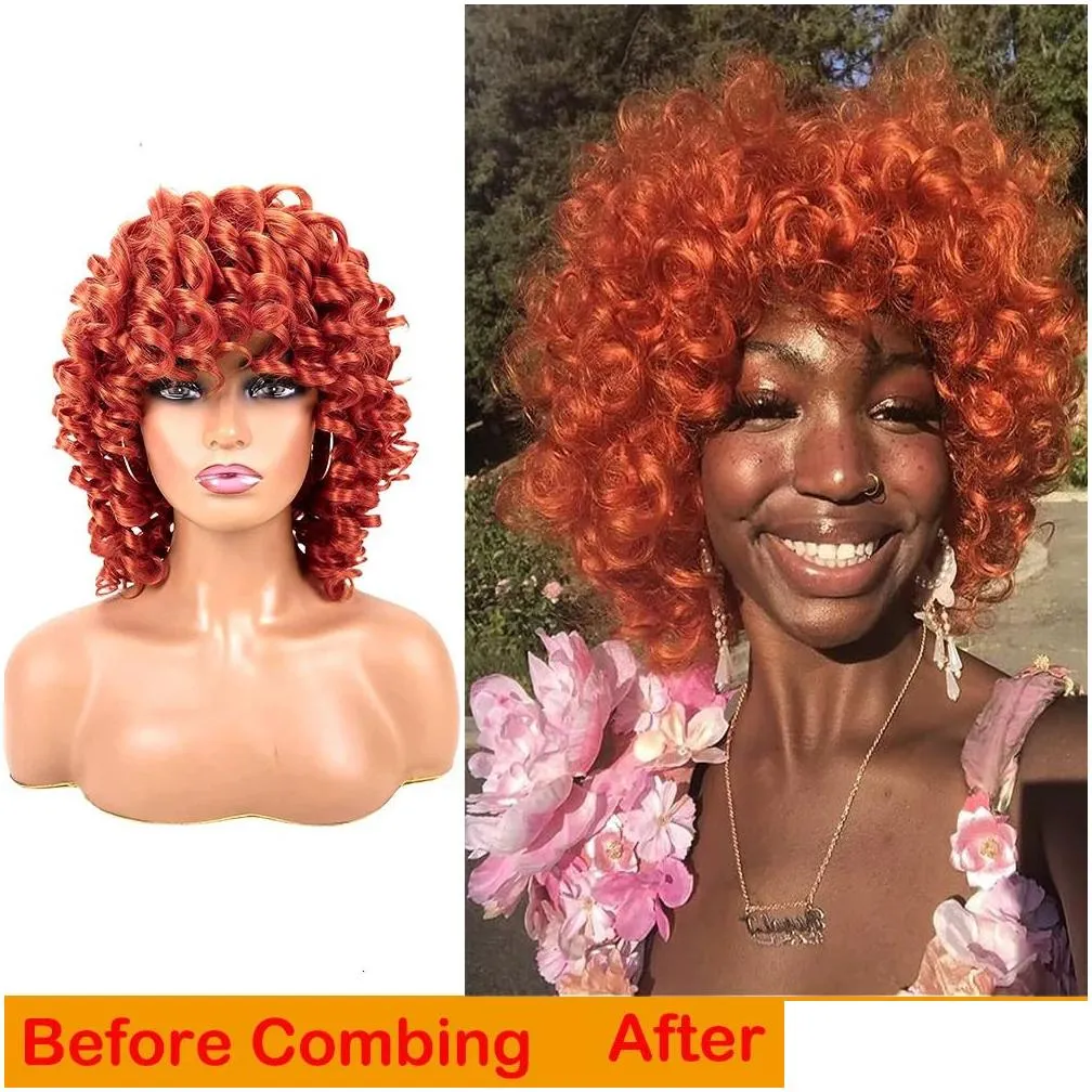 Short Loose Curly s for Women Ginger Afro Kinky Bob with Bang Natural Synthetic Cosplay Hair Red Brown Pink 240327