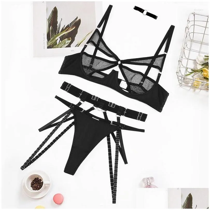 Bras Sets Diccvicc Sensual Lingerie Women Cut Out Bra Thong Set Fancy Garter See Through Mesh Sexy Underwear Erotic Outfit Intimate