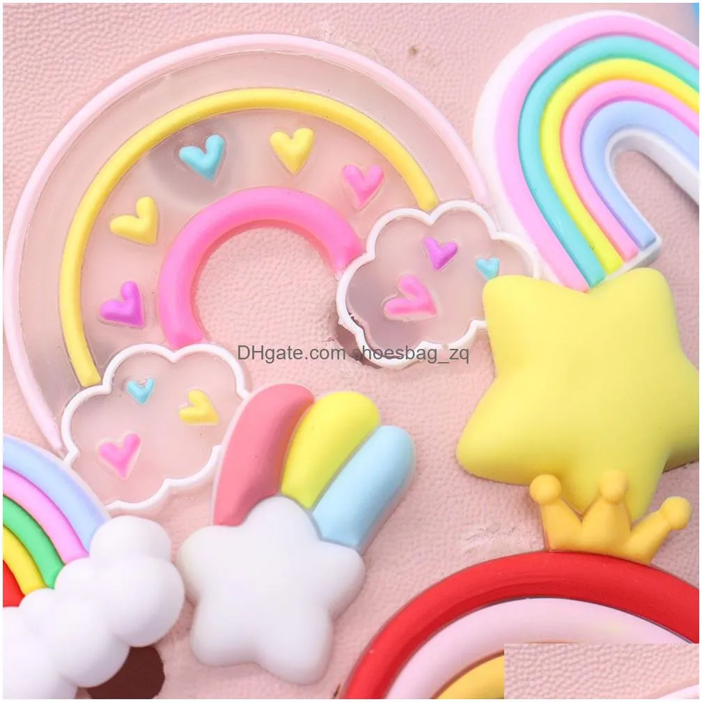 Wholesale 100Pcs PVC Colorful Rainbow Star Cloud Heart Sun Shoe Charms Girls Woman Buckle Decorations For Backpack Button Clog