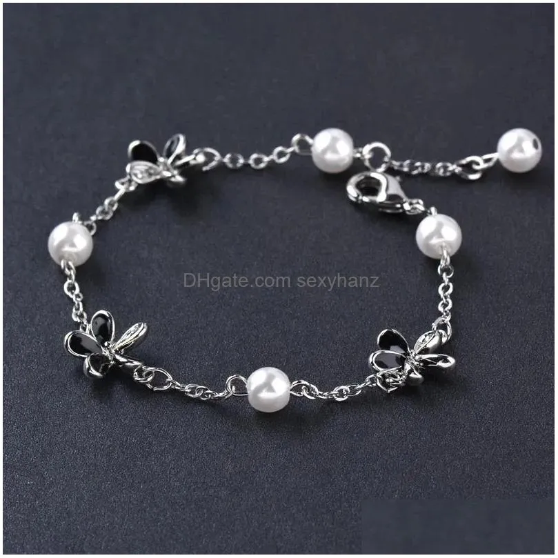 link bracelets leeker korean fashion black enamel flower bracelet for women silver color pearl wedding accessories jewelry 039 lk3