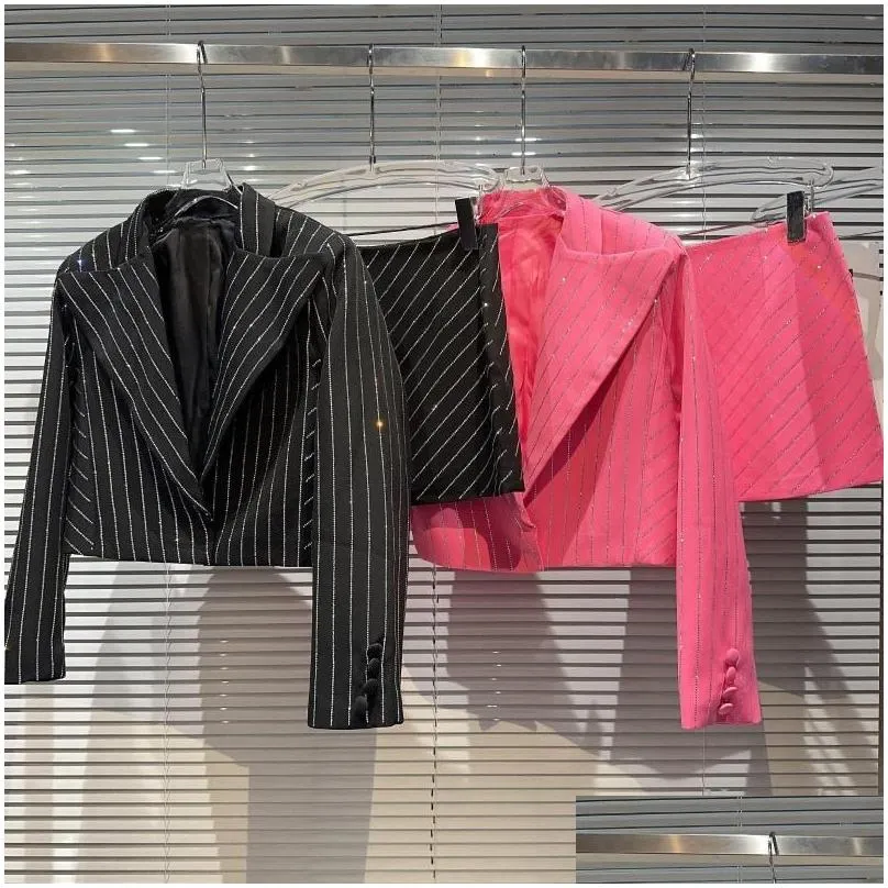 Work Dresses 2023 Autumn Short Skirt Sets 2 Piece Set Women Girl Vertical Stripes Rhinestone Suit Jacket Blazer Outfit Femme