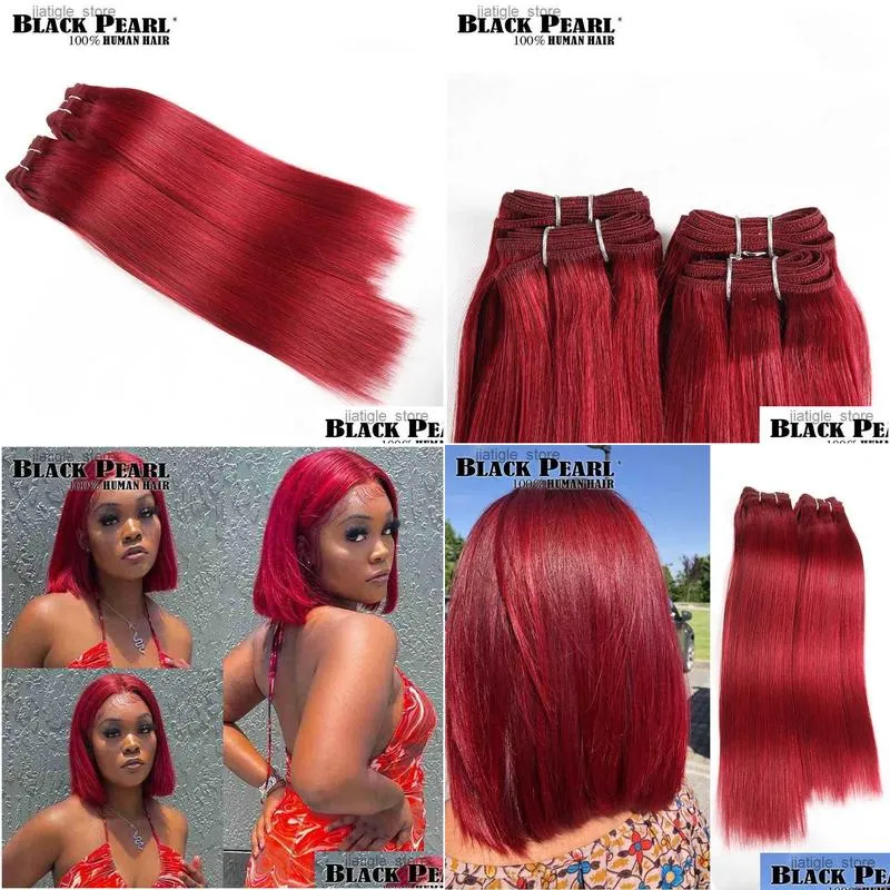 Synthetic Wigs Black Pearl Pre-colored Yaki Human Hair Bundles 4 Pcs One Pack 190 Gram Brazilian Straight Hair Weave Red Burg# Non-Remy Hair