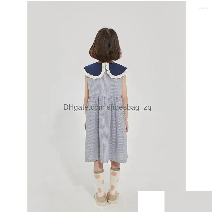 Girl Dresses Girls` Dress Summer 2024 Children`s Blue Striped Cotton Sweet Lace Collar Sleeveless Skirt 110-160cm Kid`s