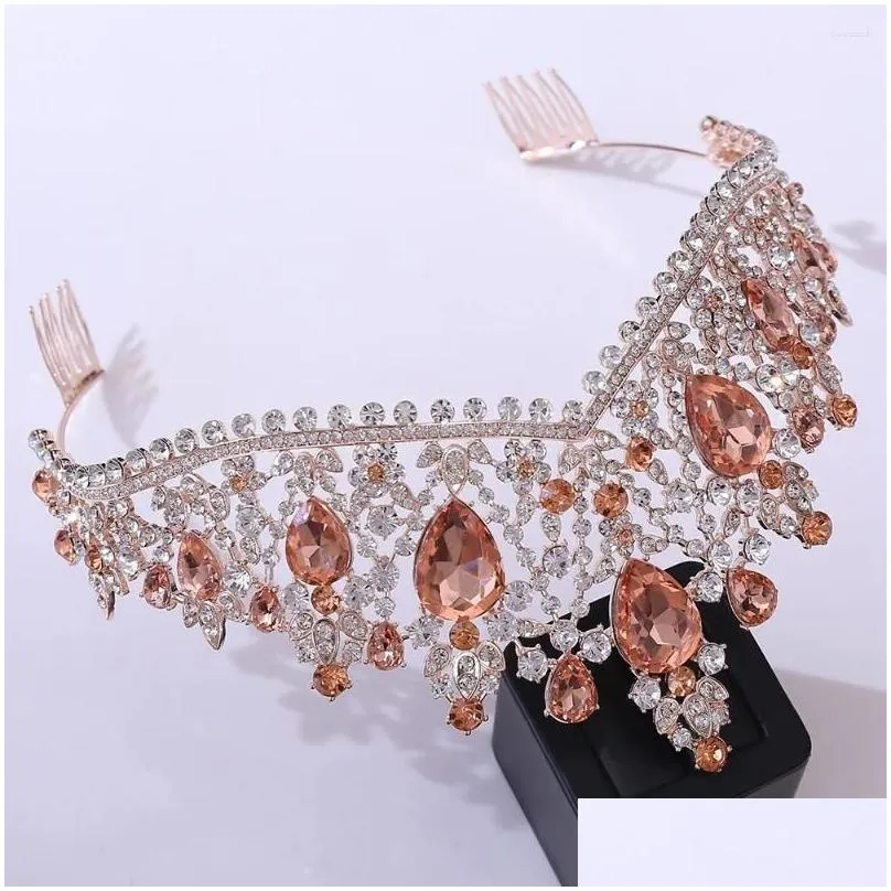 Hair Clips Baroque Womens Big Water Droplet Shaped Multicolored Rhinestone Crown With Comb Wedding Party Tiara