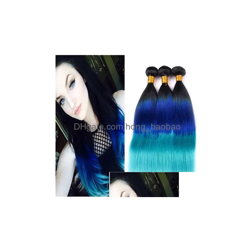 three tone 1bblueteal ombre peruvian human hair extensions double wefts dark root blue teal ombre virgin hair weaves 3 bundle d7992685