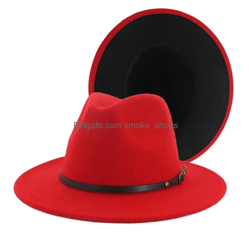 fs black redwork wool felt jazz fedora hats with belt buckle men women wide brim panama party trilby bowler  cap