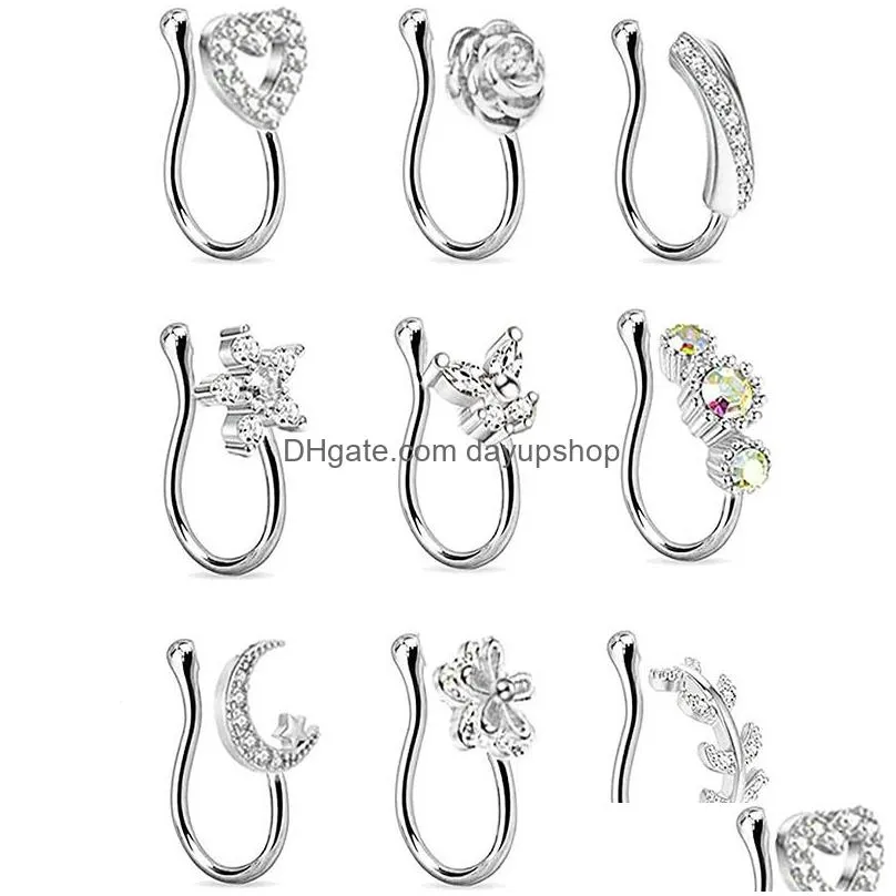 Nose Rings & Studs 9Pcs/Set Crystal Butterfly Fake Ring Non Piercing Clip On Indianstyle Heart Cuff Nariz Jewelry 220224 Drop Deliver Dhz3D