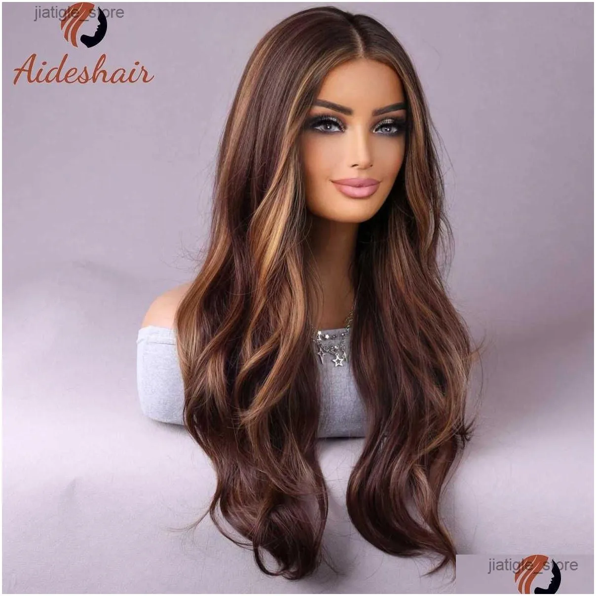 Synthetic Wigs Long mixed brown highlights Wavy wig for women natural synthetic curly wig Heat resistant fiber wig for everyday Cosplay