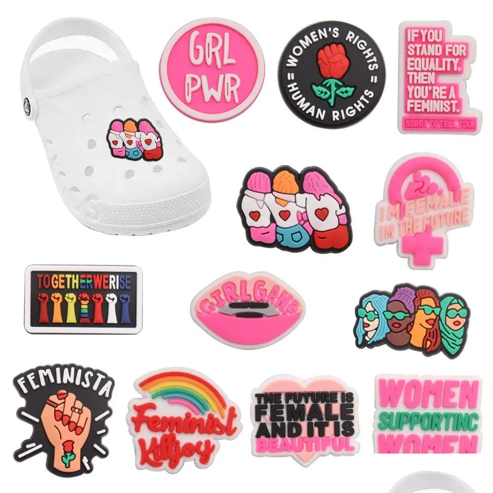 MOQ 20Pcs Women Support Women GRL PWR Feminist Girl Gang PVC Shoe Decoration Charm Buckle Accessories Clog Pins Buttons Decorations for Bands