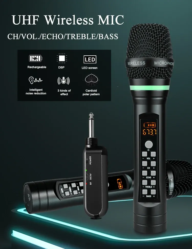 Rechargeable UHF Portable Wireless Karaoke Microphone Micro Echo Treble Bass Channel Selected with Receicer Home Microphones (1)