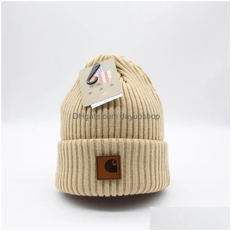 Beanie/Skull Caps Winter Beanies Woolen Hat Versatile Striped Leather Label Workwear Ski For Men Women Brand Knitted Autumn And Warm D Dhpdc