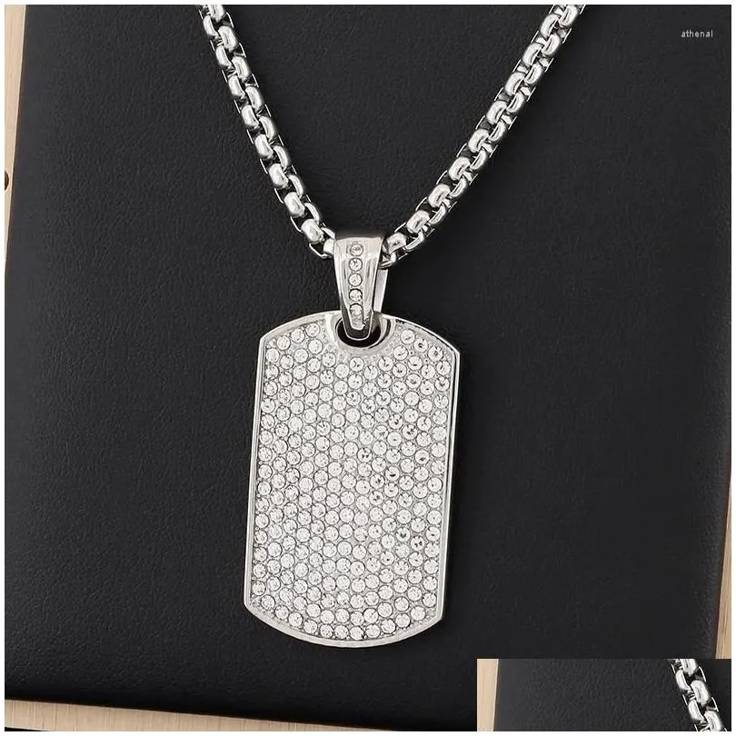 Pendant Necklaces High Quality Full Stone Square Tag Necklace For Men Hip Hop Stainless Steel Personalized Party Jewelry Charms Gift