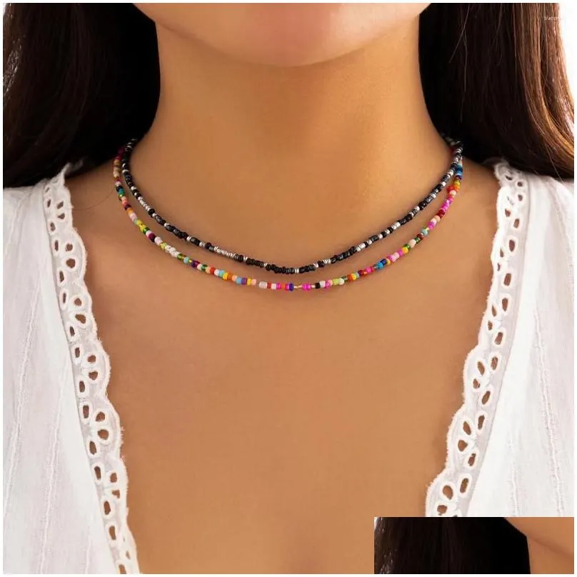 Choker Bohemia Multicolour Acrylic Seed Beads Necklace For Women Handmade Strand Beaded Short Neck Chain Simple Jewelry Party
