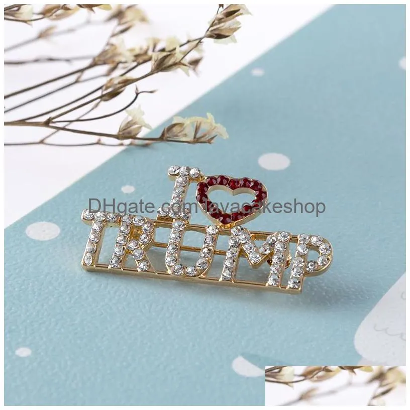 Party Favor Unique Design Trump Rhinestone Brooches For Women Red Heart Letter Coat Dress Jewelry Drop Delivery Dhqmv