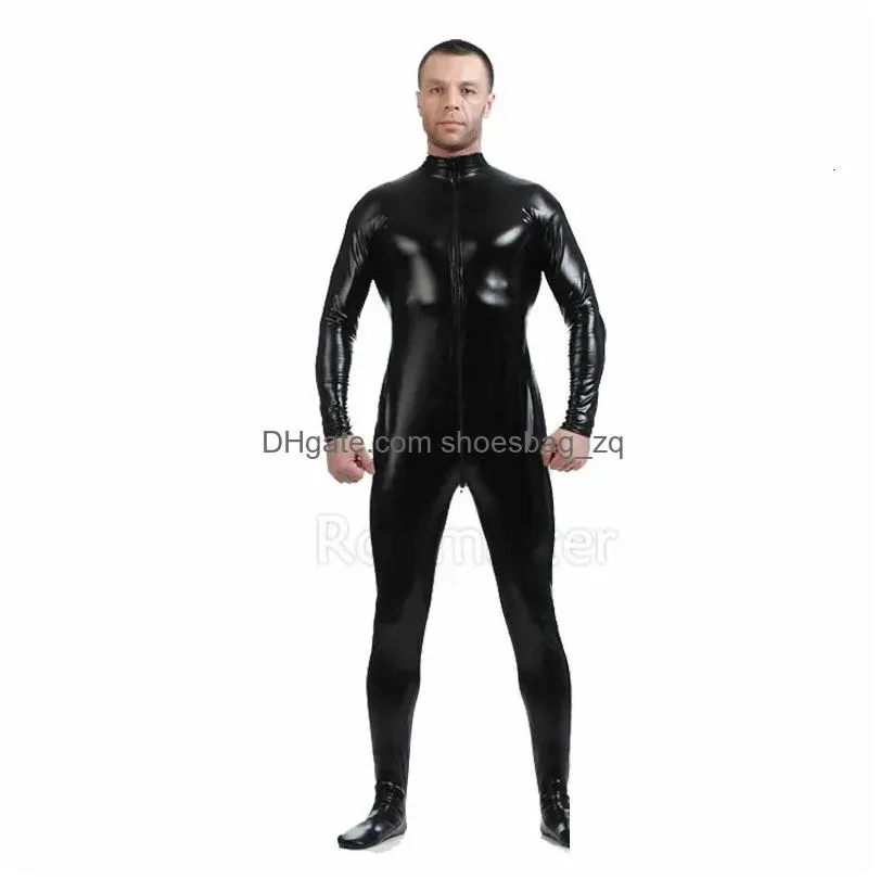 Men Latex Suit Black Shiny Metallic Tights Gold Zentai headless Unitard Skin Bodysuit Zipper Front Jumpsuit 231221