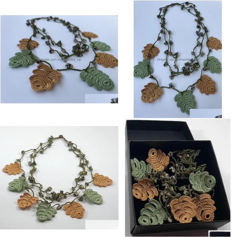 turkish oya cloghet leaves with natural stones necklace authentic handmade hand knitted boho jewelry