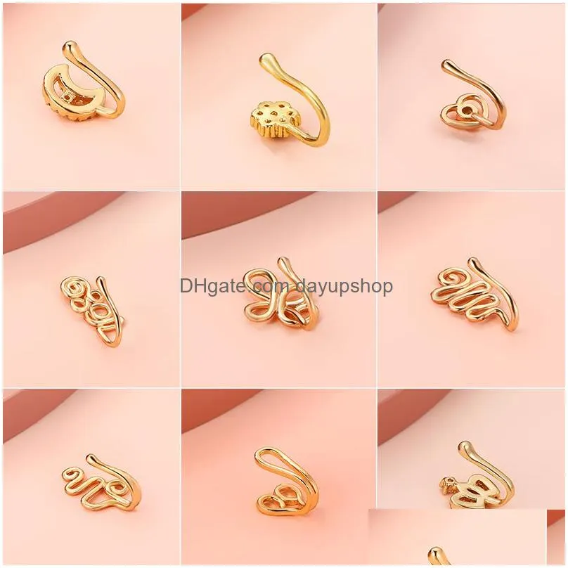 Nose Rings & Studs Creative Non-Perforated U-Shaped Clip Ring Copper Inlaid Zircon Star Love Crown Pierced Piercing Drop Delivery Jew Dh0Ev