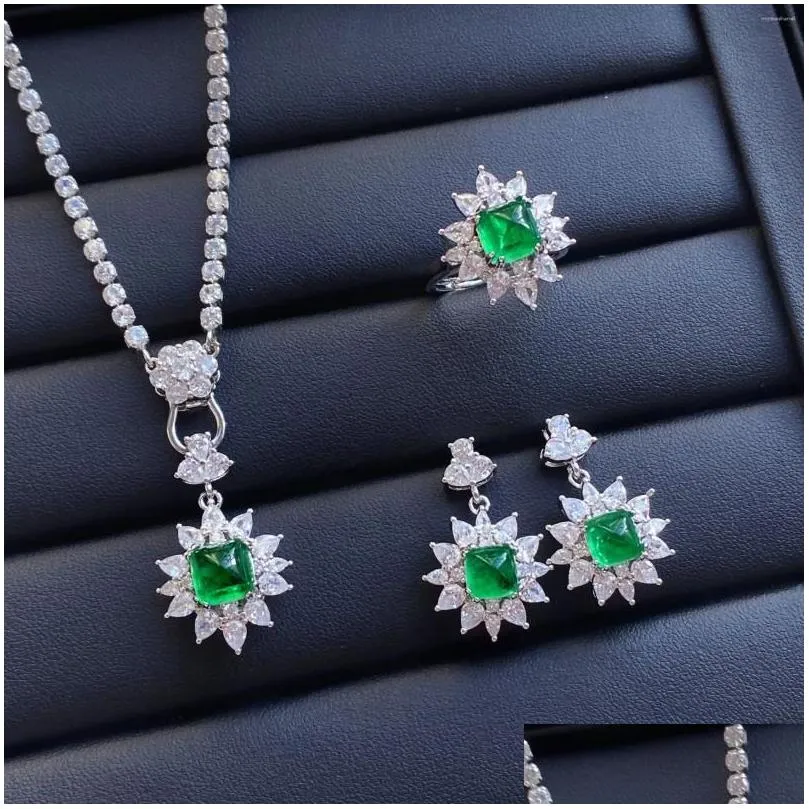 Chains Emerald Sugar Tower Back Cover Princess Full Diamond Open Ring Women`s Temperament Pendant Earrings Set