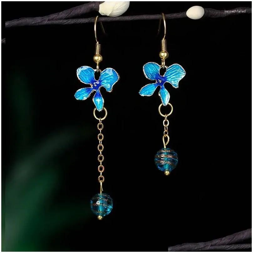 Dangle Earrings Vintage Cloisonne Asymmetric Blue Flower Pendant For Women Fashion Enamel Blossom Drop Party Jewelry
