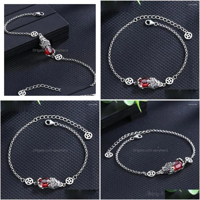 link bracelets vintage silver color womens pi xiu bracelet red gems chain for feng shui wealth healthy good lucky jewelry