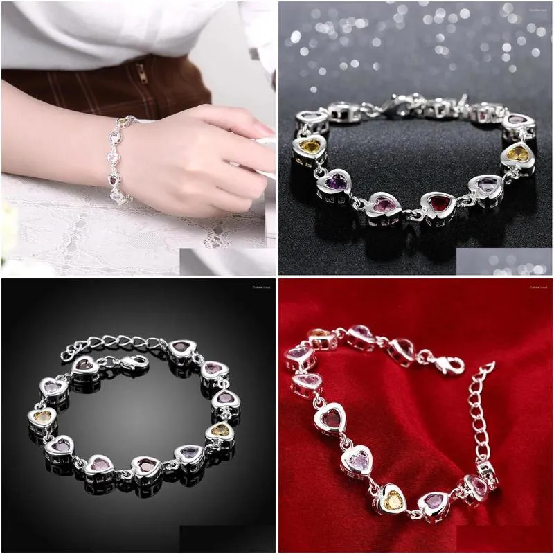 Link Bracelets Fine Stamped Silver Plated Elegant Charm Heart Crystal Bracelet For Women Jewelry Fashion Wedding Valentine`s Day Gifts