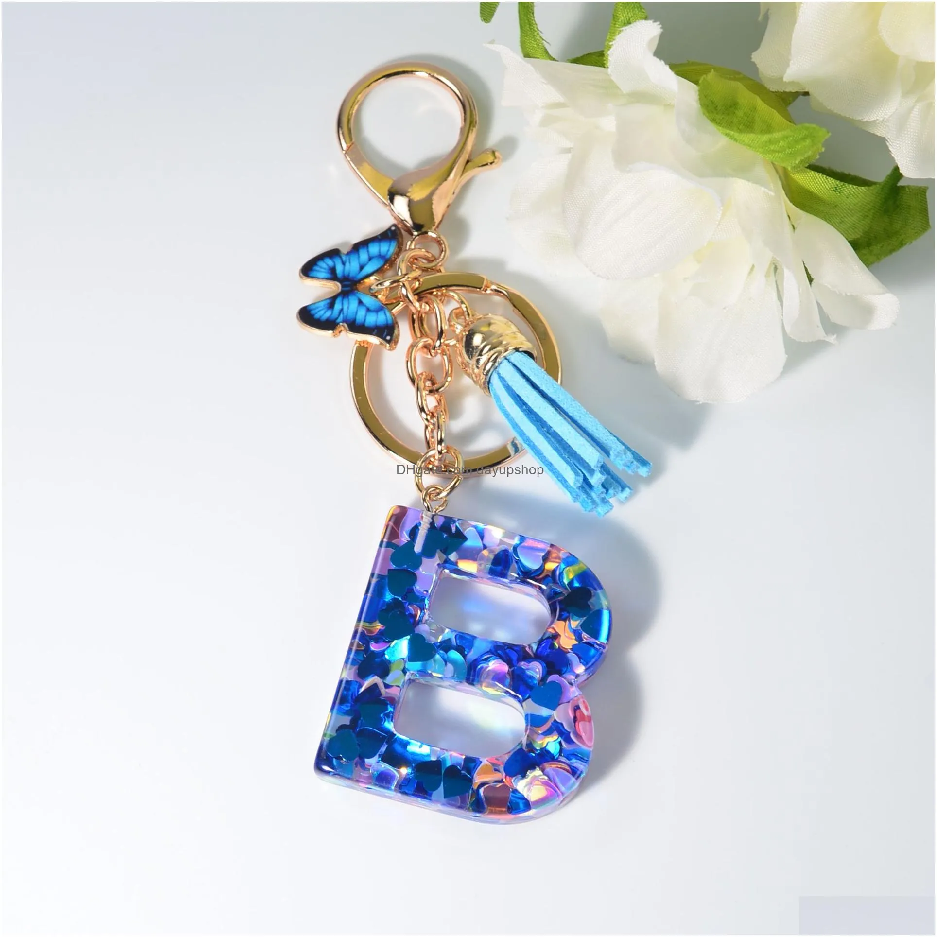 Key Rings Initialletter Keychain Resin Blue Love Handmade Crystal Epoxy Butterfly Tassel Pendant For Drop Delivery Jewelry Dhno5