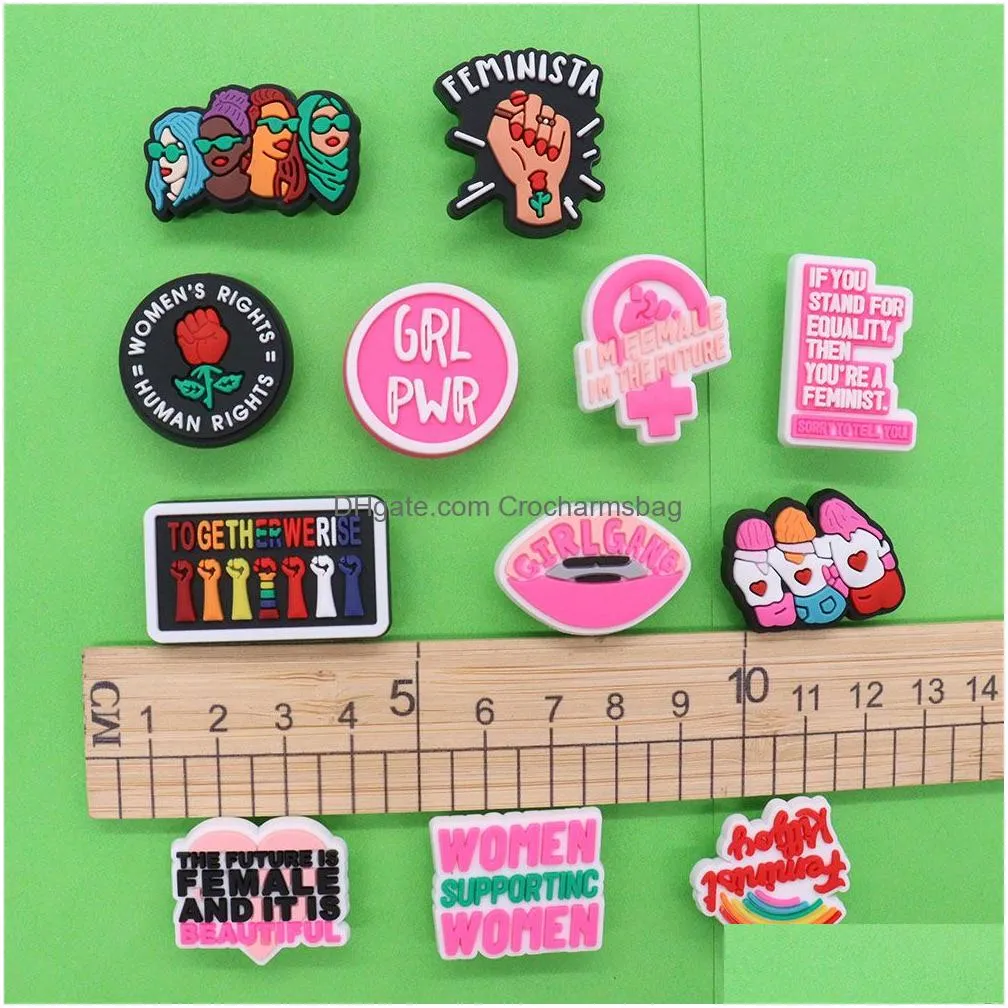 Shoe Parts & Accessories Moq 20Pcs Women Support Grl Pwr Feminist Girl Gang Pvc Decoration Charm Buckle Clog Pins Buttons Decorations Dhq87