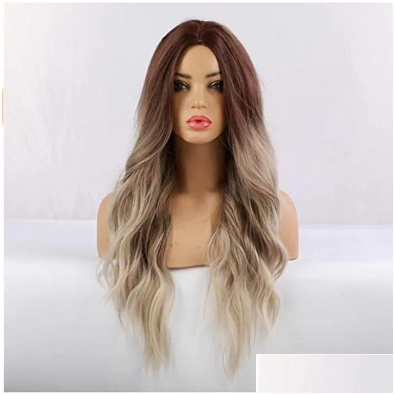 2024 High Quality 26 Inches Center Parting Long Wigs Hot Sale Blonde Mix Brown Wavy Hair Wholesale Europe America Fashion Permed Dyed Rose Net Curly