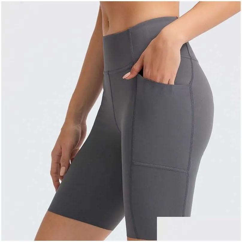 L-14 High Waist Running Cycling Pants Naked Sport Shorts Female Fitness Leggings Yoga Short Side Pockets Tights Quick Dry Gym