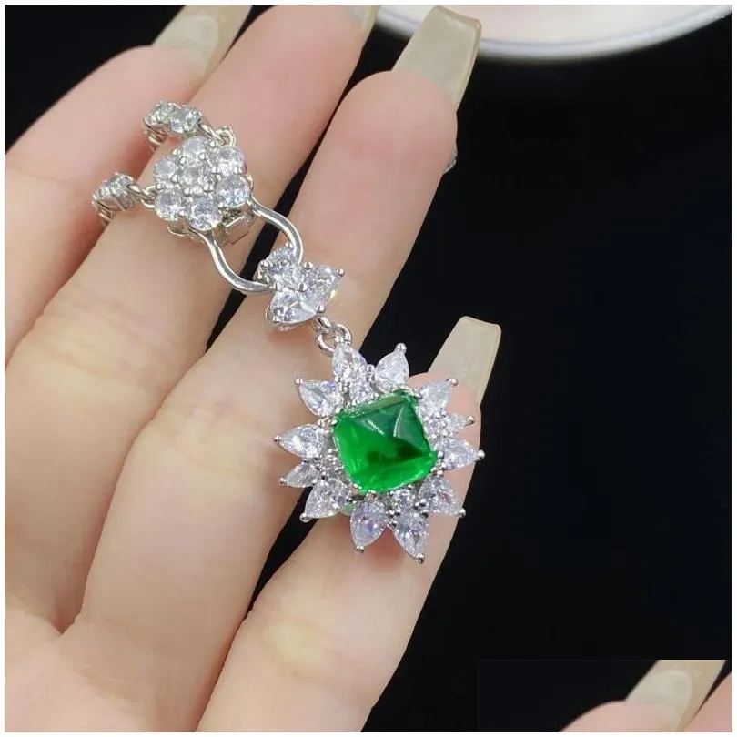 Chains Emerald Sugar Tower Back Cover Princess Full Diamond Open Ring Women`s Temperament Pendant Earrings Set