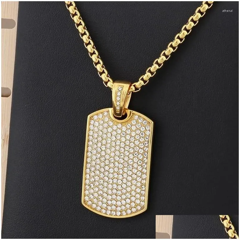 Pendant Necklaces High Quality Full Stone Square Tag Necklace For Men Hip Hop Stainless Steel Personalized Party Jewelry Charms Gift