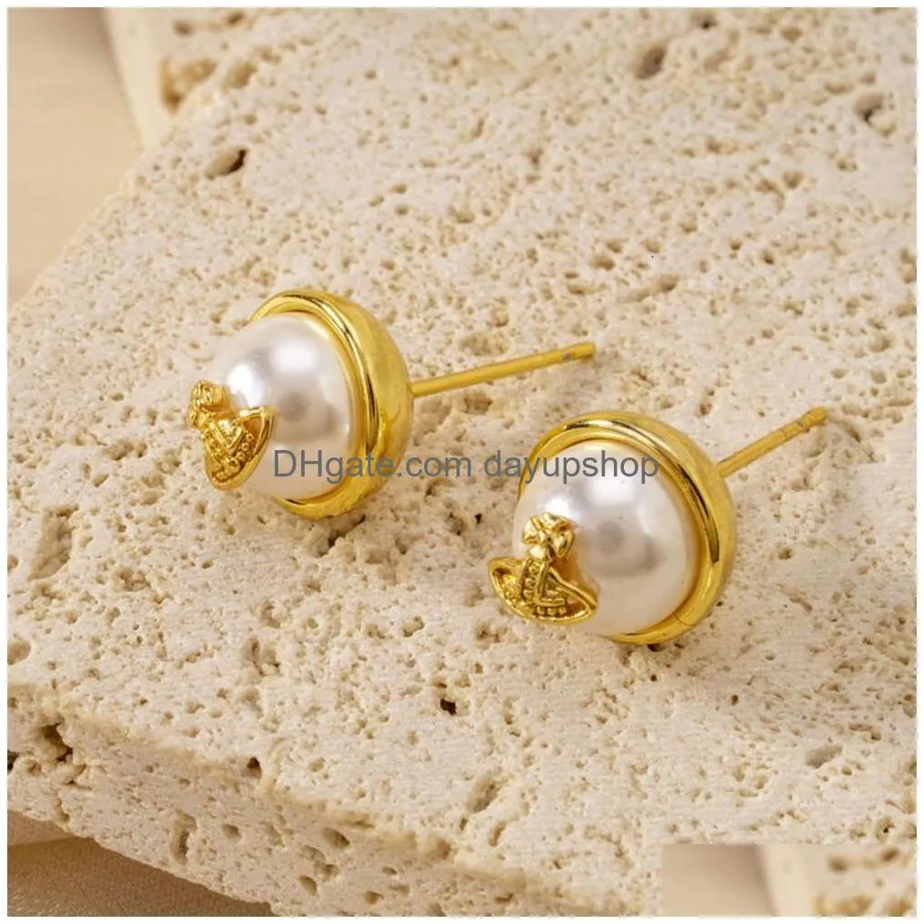 Stud Designer High Quality Western Empress Dowager Round Small Pearl Exquisite Light Fashion Versatile Earrings Live Broadcast Drop D Dh7Tu