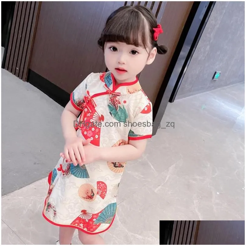 Girl`s Dresses Chinese Modern Style Kids Sexy Print Qipao Top Girl Summer Baby Traditional Cheongsam Year Party Children ClothesGirl`s