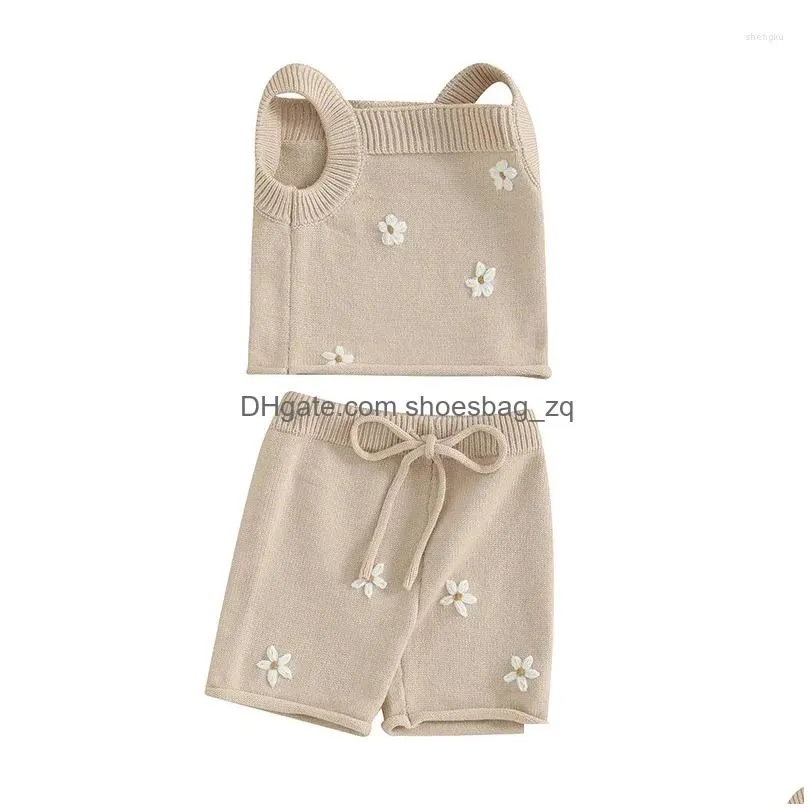 Clothing Sets Baby Girls Summer 2 Piece Outfit Daisy Pattern Knitted Tank Tops And Elastic Shorts Set Fashion Cute Clothes