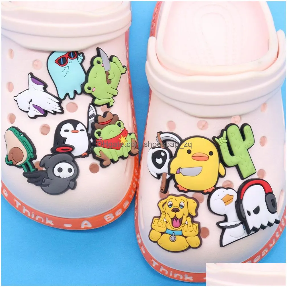 Wholesale 100Pcs PVC Animals Penguin Dog Ghosts Cool Garden Shoe Charms Man Buckle Decorations For Button Clog Backpack Party Gift