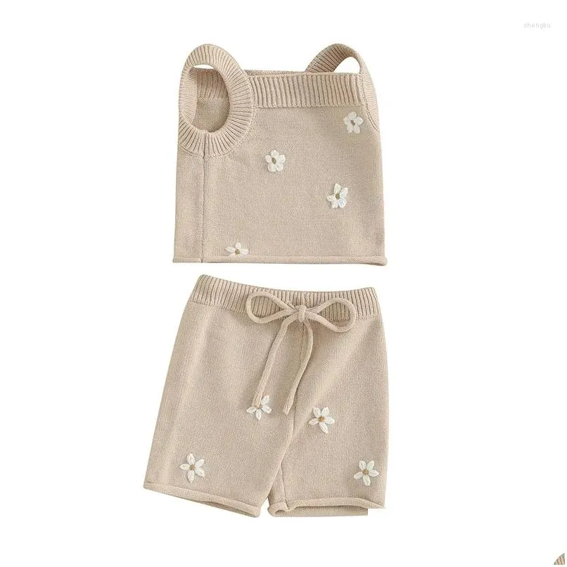 Clothing Sets Baby Girls Summer 2 Piece Outfit Daisy Pattern Knitted Tank Tops And Elastic Shorts Set Fashion Cute Clothes