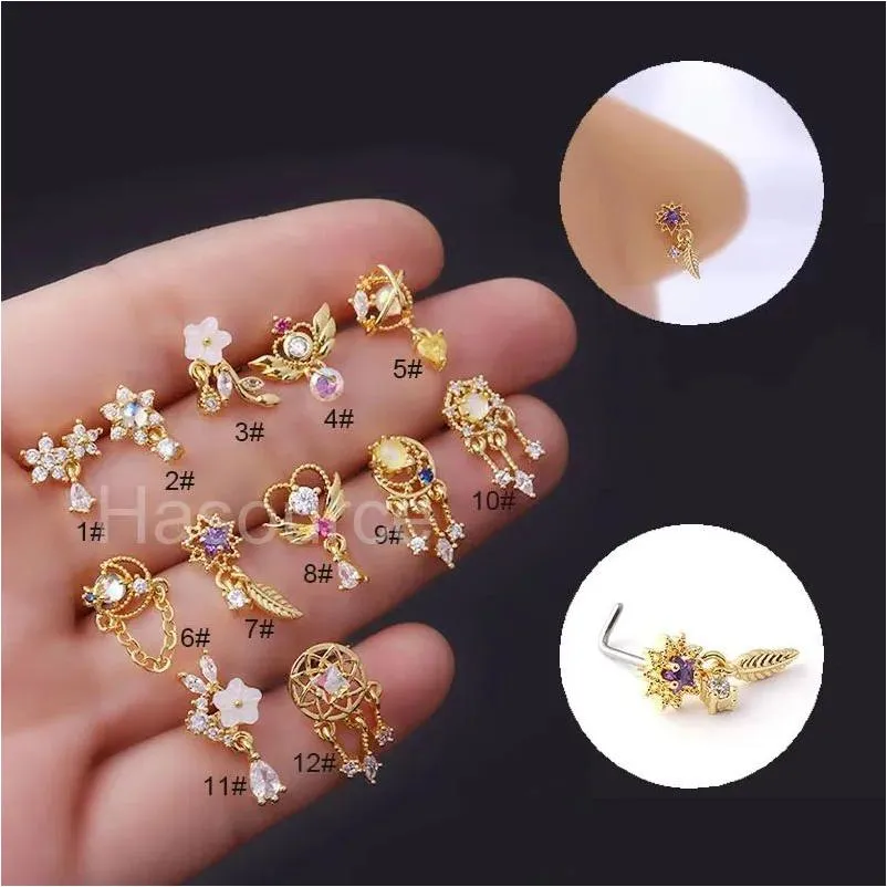 Nose Rings & Studs 1Pcs Fashion 316L Stainless Steel Cz Dangle Colorf Indian Screw Piercing Jewelry 231005 Drop Delivery Body Dhgni