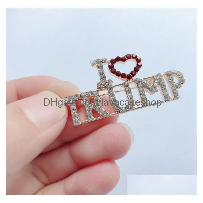 Party Favor Unique Design Trump Rhinestone Brooches For Women Red Heart Letter Coat Dress Jewelry Drop Delivery Dhnba