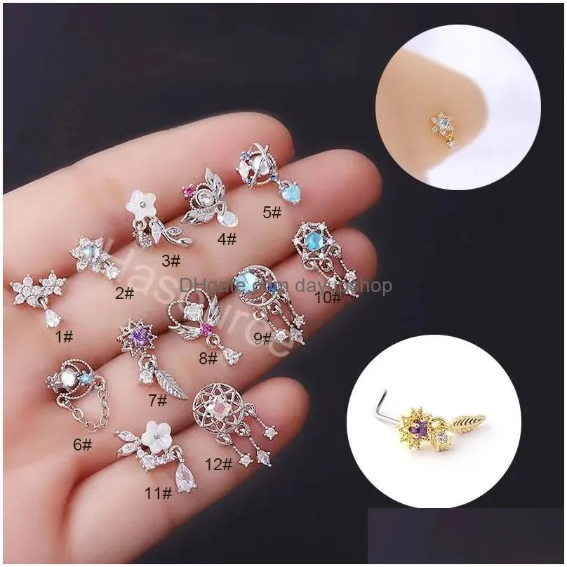 Nose Rings & Studs 1Pcs Fashion 316L Stainless Steel Cz Dangle Colorf Indian Screw Piercing Jewelry 231005 Drop Delivery Body Dhgni