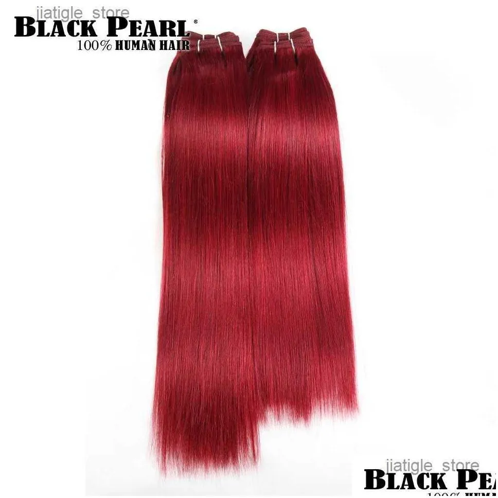 Synthetic Wigs Black Pearl Pre-colored Yaki Human Hair Bundles 4 Pcs One Pack 190 Gram Brazilian Straight Hair Weave Red Burg# Non-Remy Hair
