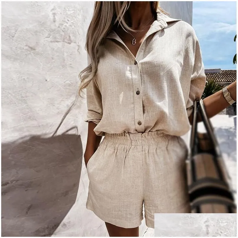 Women`S Tracksuits Womens Summer Women Linen Shorts Set 2021 Turn-Down Collar Long Sleeve Top Shirt And Casual Two Pieces Loose Outfi Dh5Ei