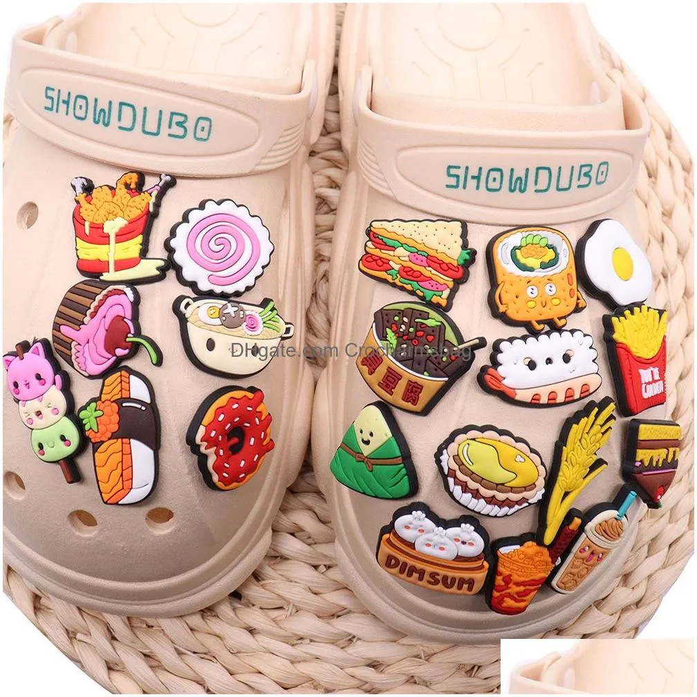 Shoe Parts & Accessories Moq 20Pcs Pvc Cartoon Food Cake Donut Leopard Sushi Fried Chicken Stinky Tofu Charms Buckle Clog Buttons Pins Dhbs5