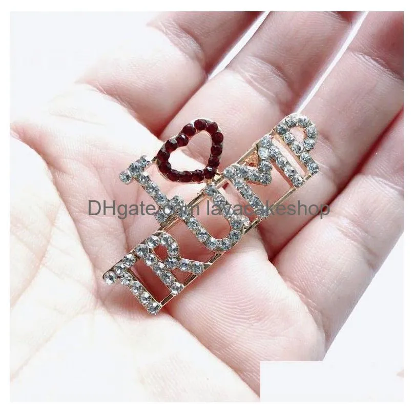 Party Favor Unique Design Trump Rhinestone Brooches For Women Red Heart Letter Coat Dress Jewelry Drop Delivery Dhqmv