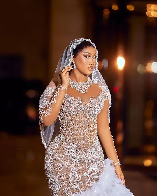 2023 Oct Arabic Aso Ebi Plus Size Ivory Mermaid Wedding Dress For Bride Beaded Lace Tiers Tulle Bridal Gowns Dresses ZJ044