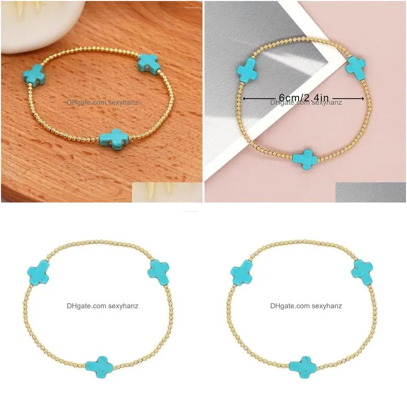 link bracelets bohemian summer beach turquoise cross charm pulsera women handmade stretch couple gift fashion jewelry gold plated bead