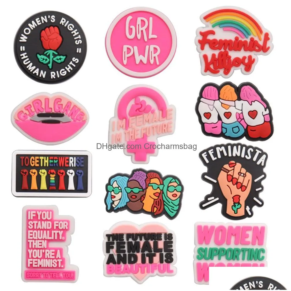 Shoe Parts & Accessories Moq 20Pcs Women Support Grl Pwr Feminist Girl Gang Pvc Decoration Charm Buckle Clog Pins Buttons Decorations Dhq87