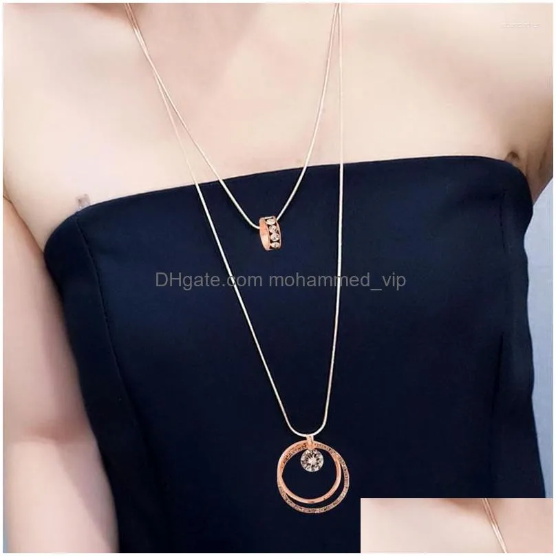 pendant necklaces leeker charm round circle long necklace for women 2 layers chain statement jewelry female 389 xs6