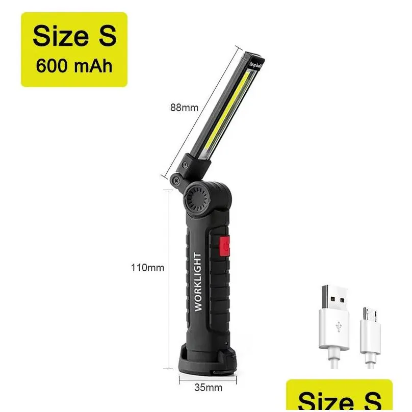 Flashlights Torches Cob Led Usb Rechargeable Portable Work Light Magnetic Base Hanging Lamp With Battery Cam Drop Delivery Dhmn3